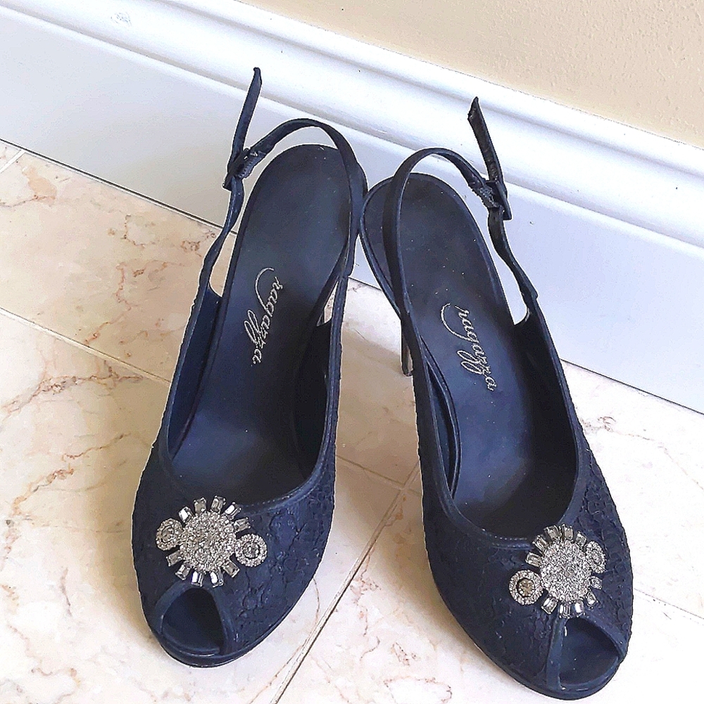 Ragazza Embellished Black Lace Open Toe Stiletto Heels